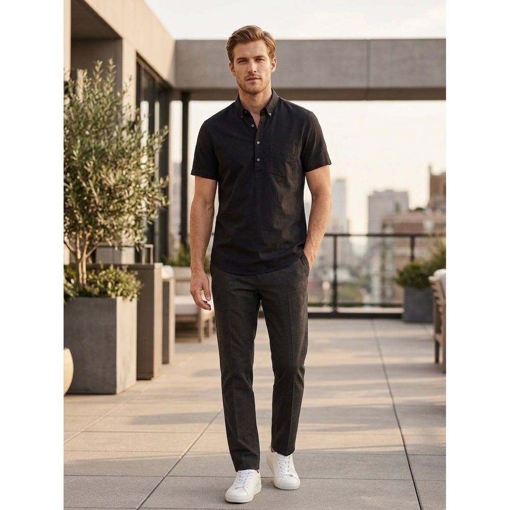 Club Monaco Mens Navy Blue Short Sleeve Popover Shirt Cotton Nylon Blend Medium